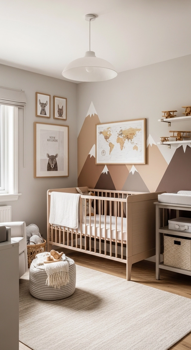 adventure explorer baby nursery ideas for boys with mountain wall mural, wooden airplane decor and world map wall