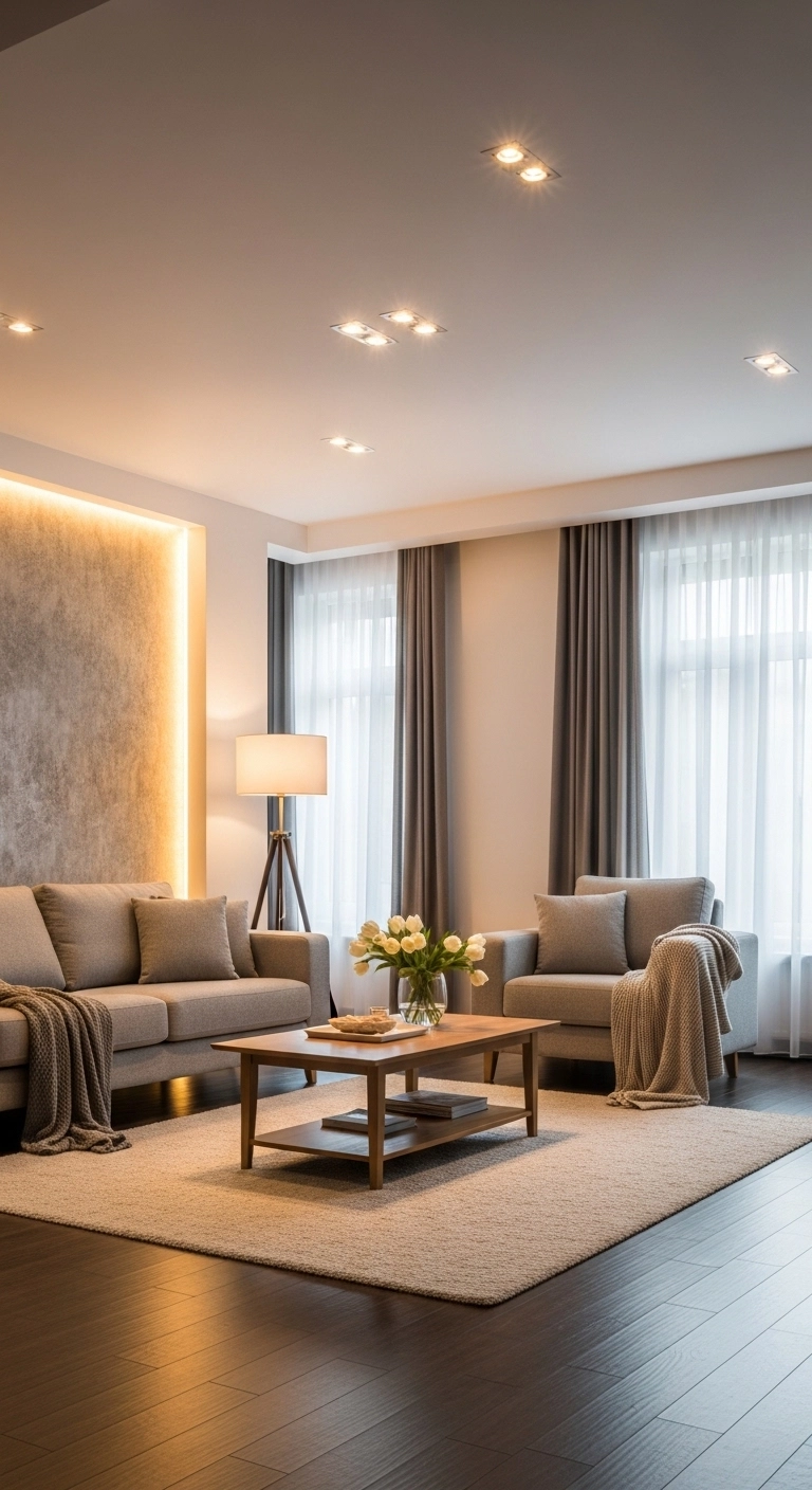 Modern aesthetic living room with layered lighting, warm neutral tones, and cozy minimalistic decor.