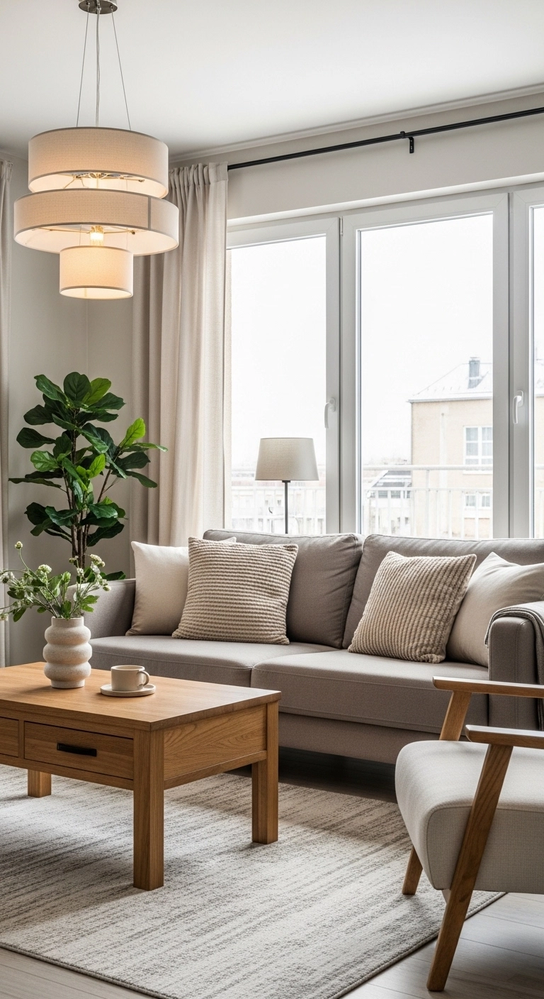 Modern aesthetic living room with soft neutral color palette featuring beige, cream, taupe, and greige tones.