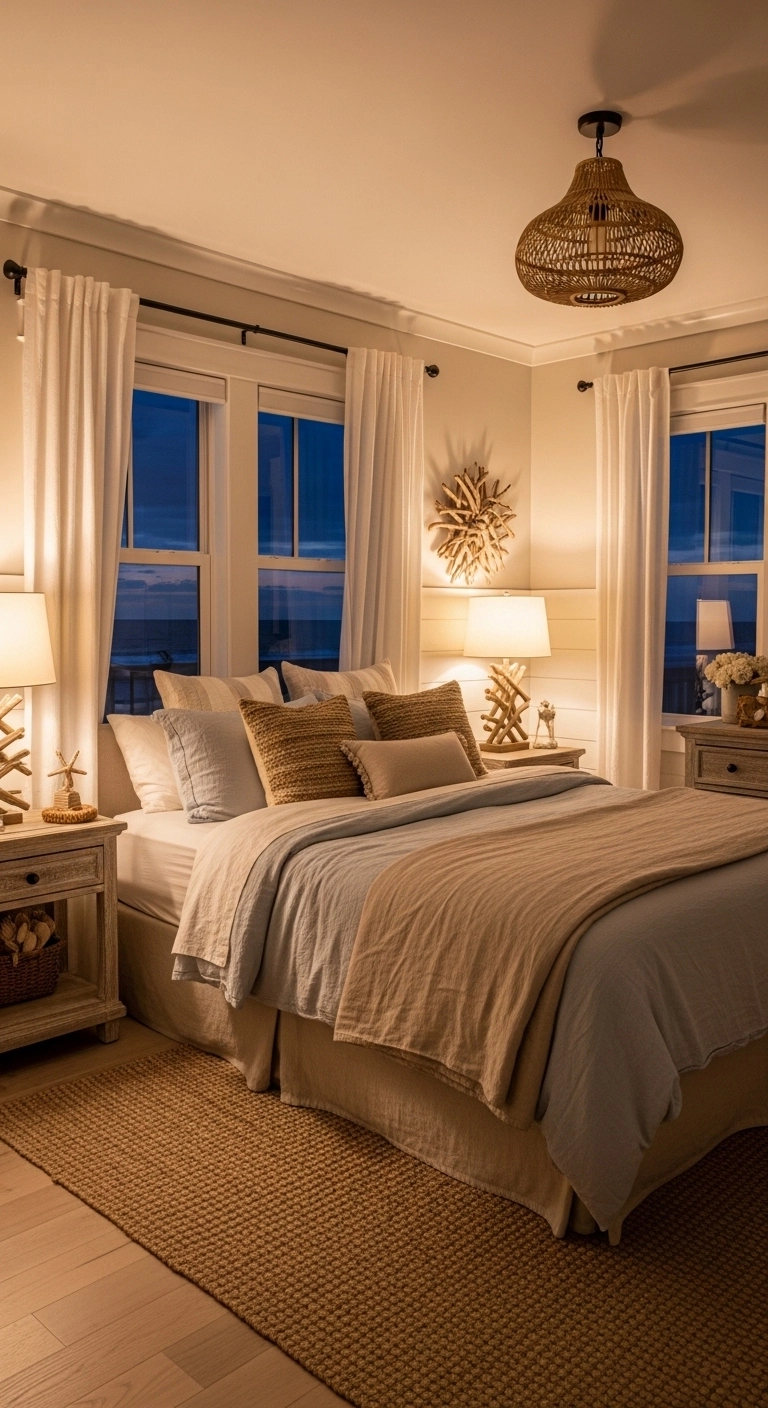 Beach bedroom ideas with warm ambient lighting and cozy coastal bedroom atmosphere