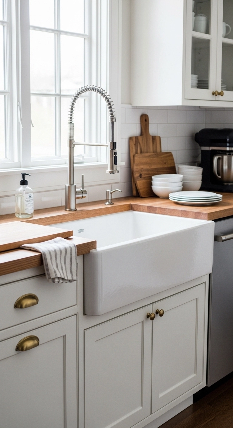 Apron front farmhouse sink with wooden countertop in a bright farmhouse kitchen showing practical farmhouse kitchen ideas.
