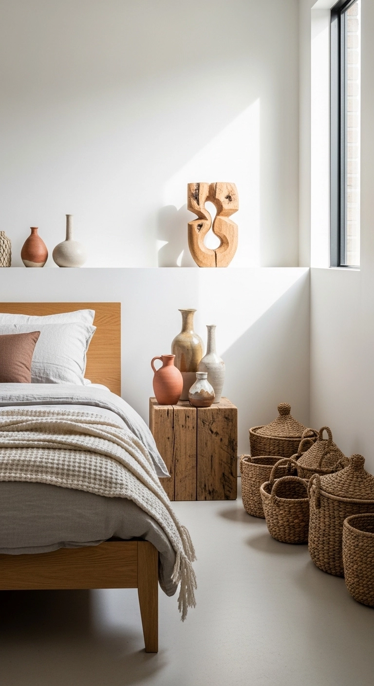 Bedroom interior with artisanal décor and light wood furniture for stylish interiors