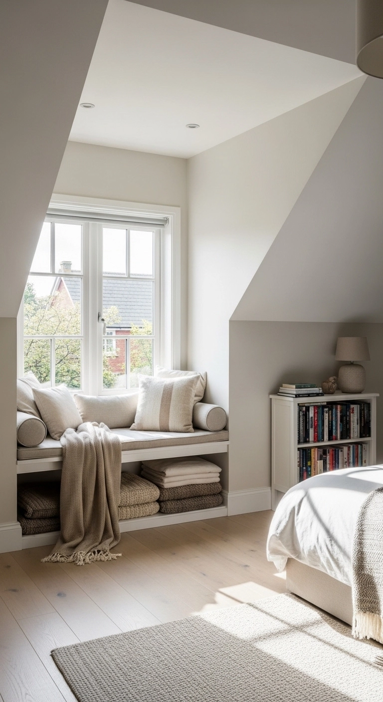 Attic bedroom with window seat reading nook, cushions, throw blankets, and natural light