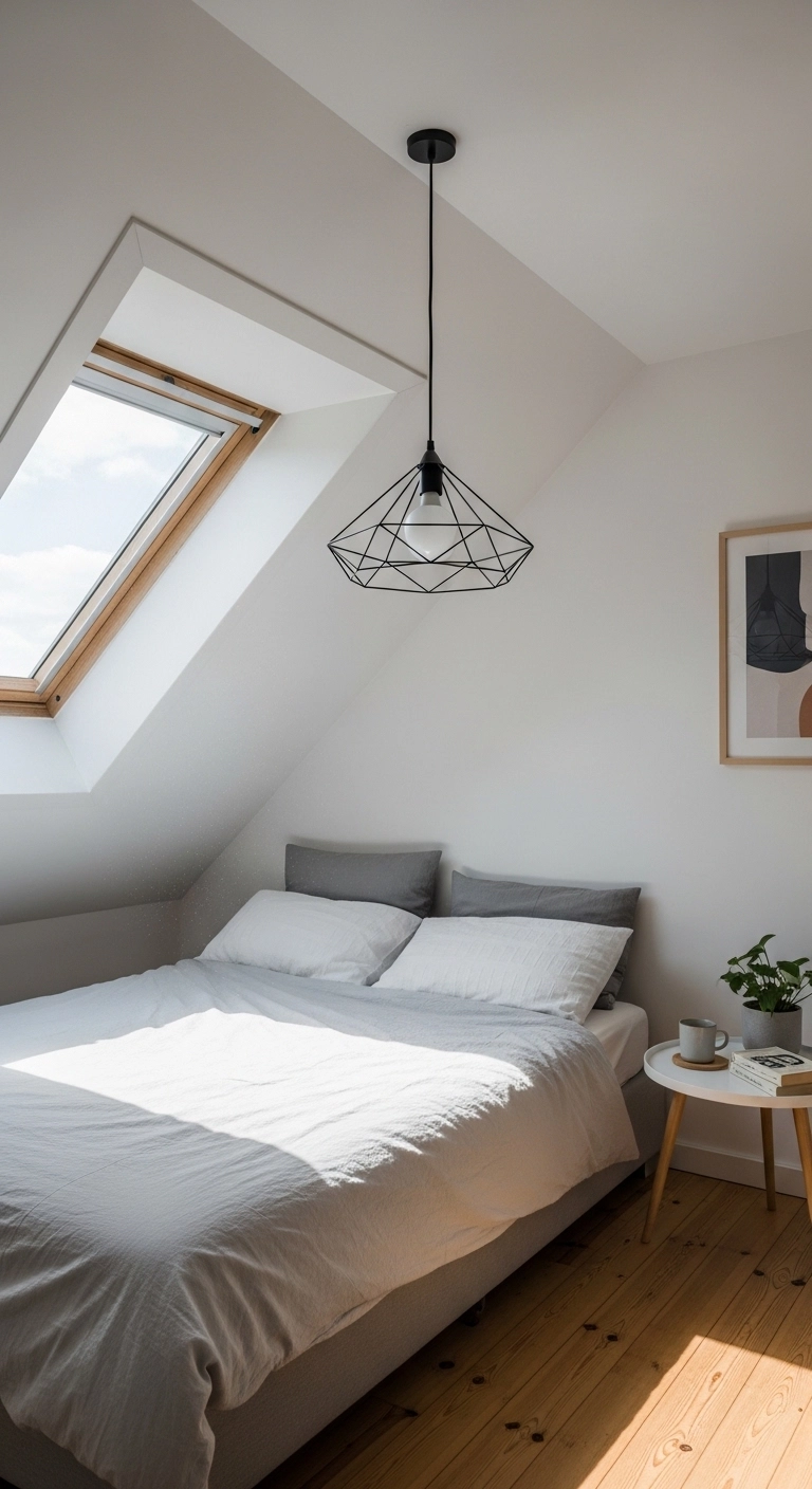 Attic bedroom with pendant statement light, neutral bedding, skylight, and angled ceilings