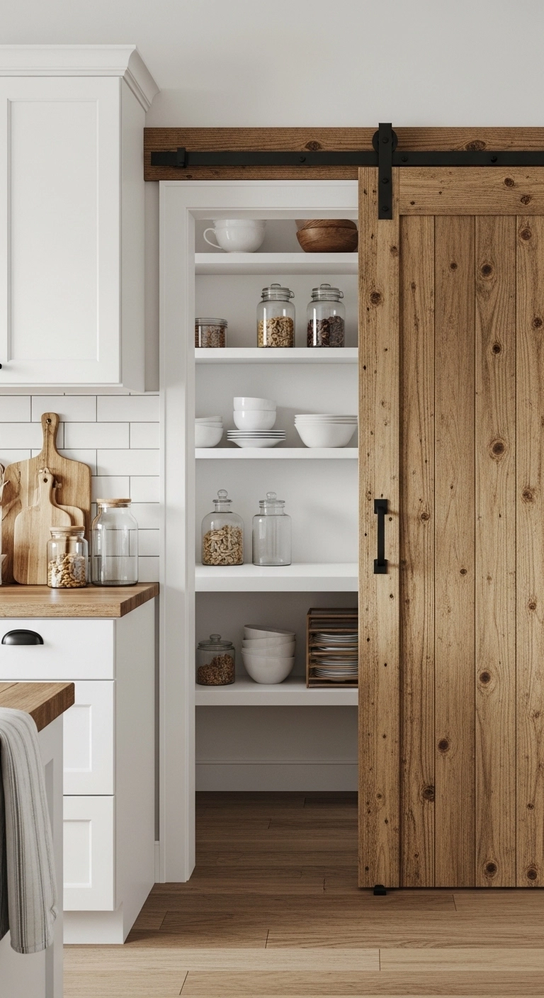 Rustic sliding barn door for pantry storage in a farmhouse kitchen showcasing farmhouse kitchen ideas.