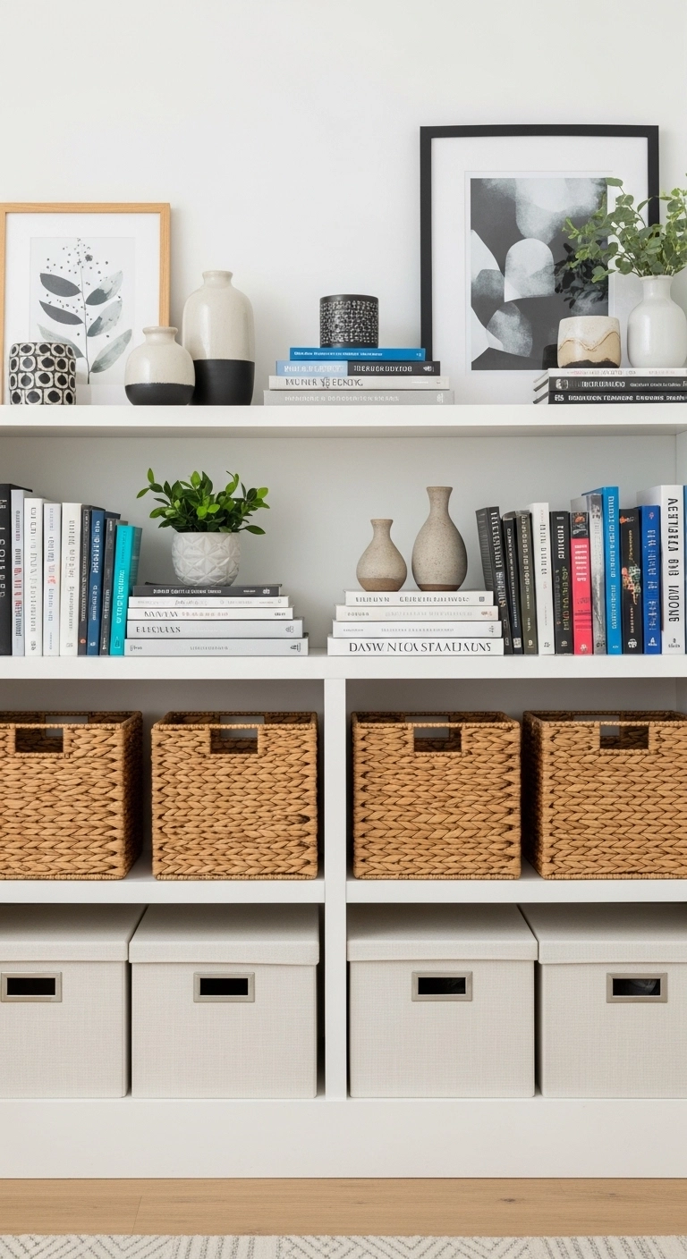 Bookshelf decor ideas with baskets on lower shelves