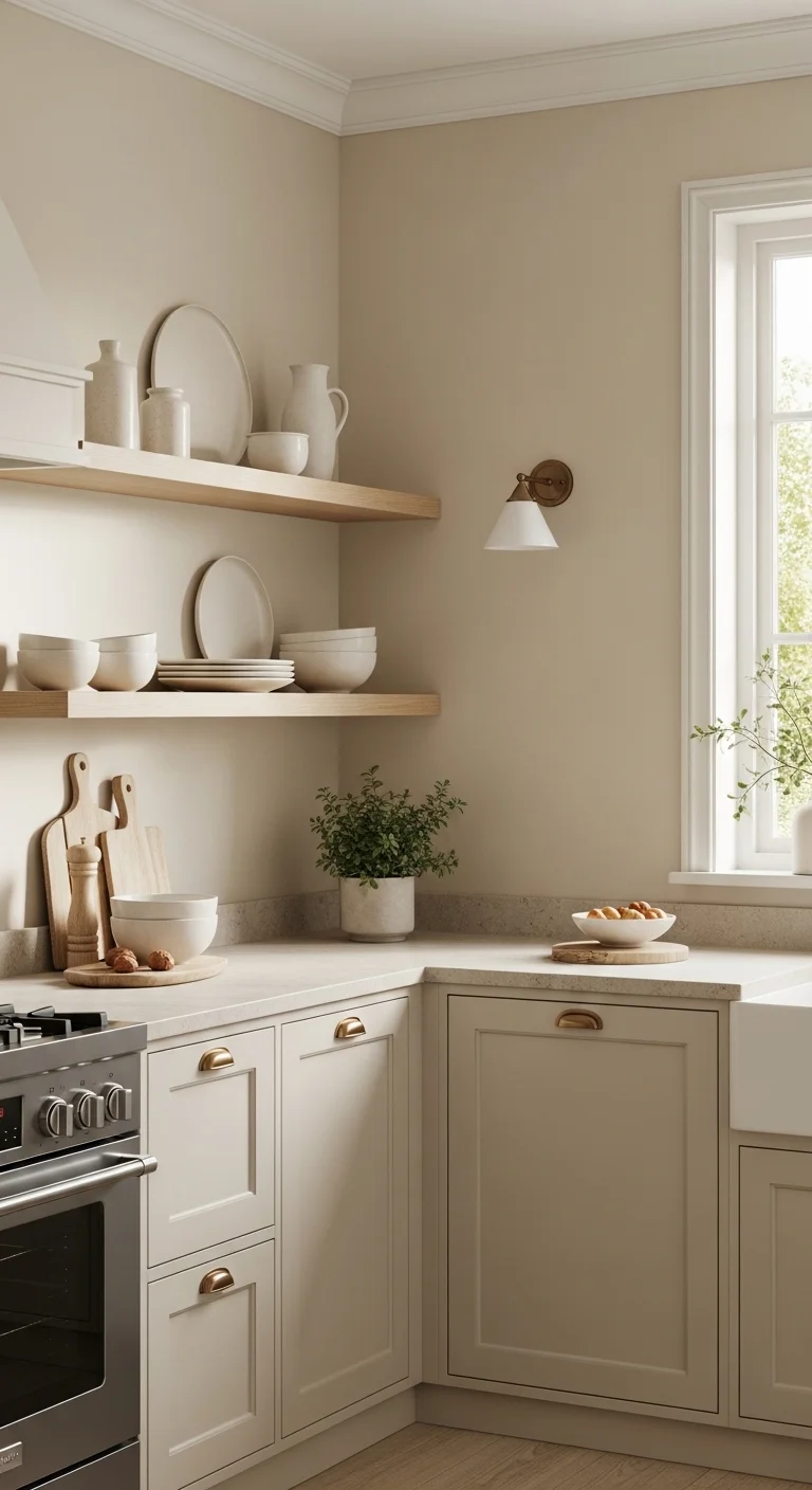 Cozy kitchen with beige walls, cream cabinets, and wood accents showing warm neutral kitchen ideas that create a calm and relaxing atmosphere.