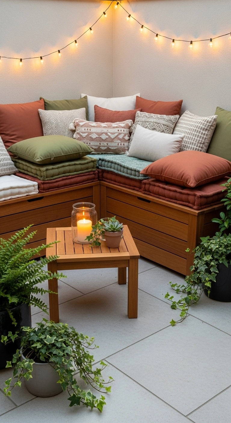 Tiny patio ideas with bench seating in a compact patio corner