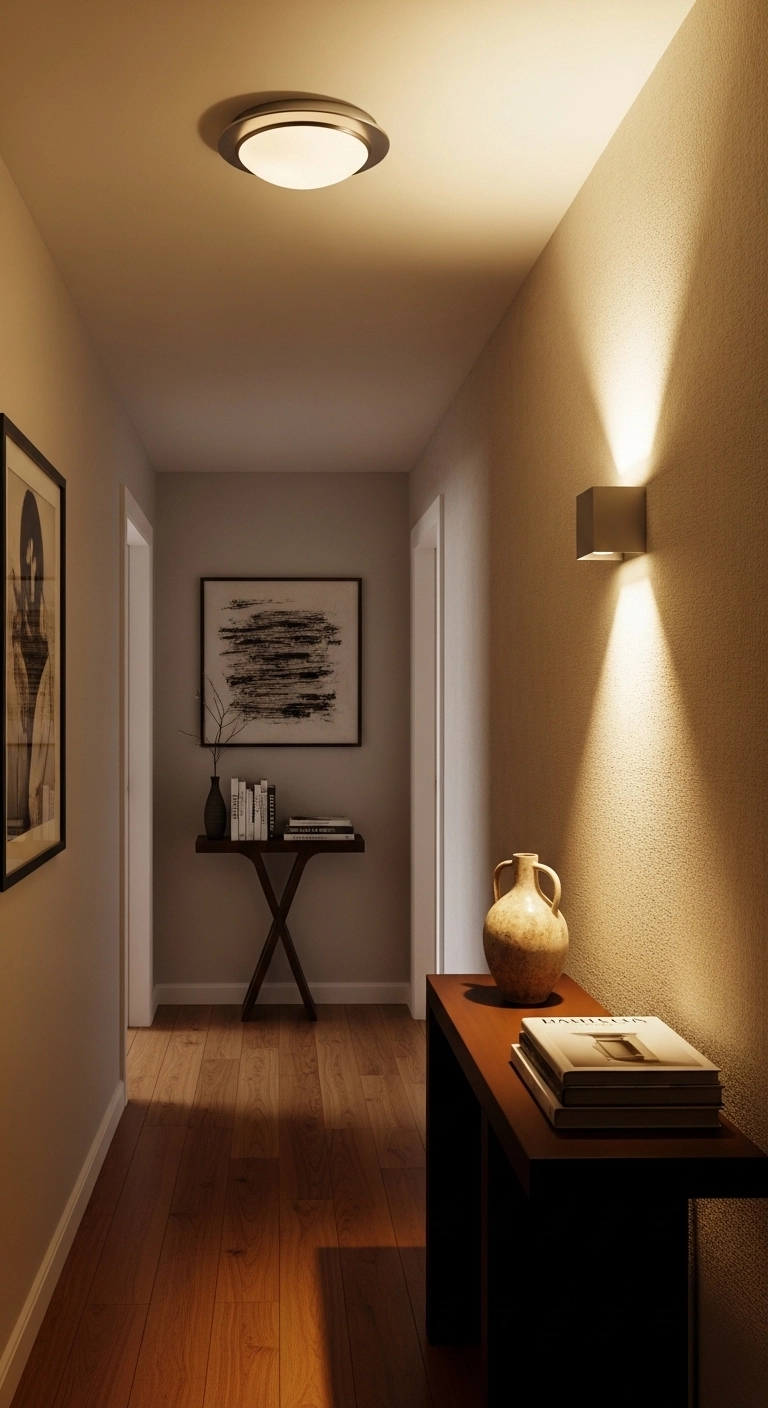 Tiny hallway ideas with warm layered lighting in a narrow corridor