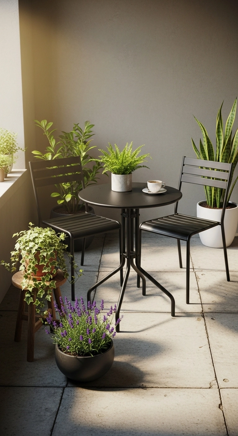Tiny patio ideas with a compact bistro set on a cozy small patio