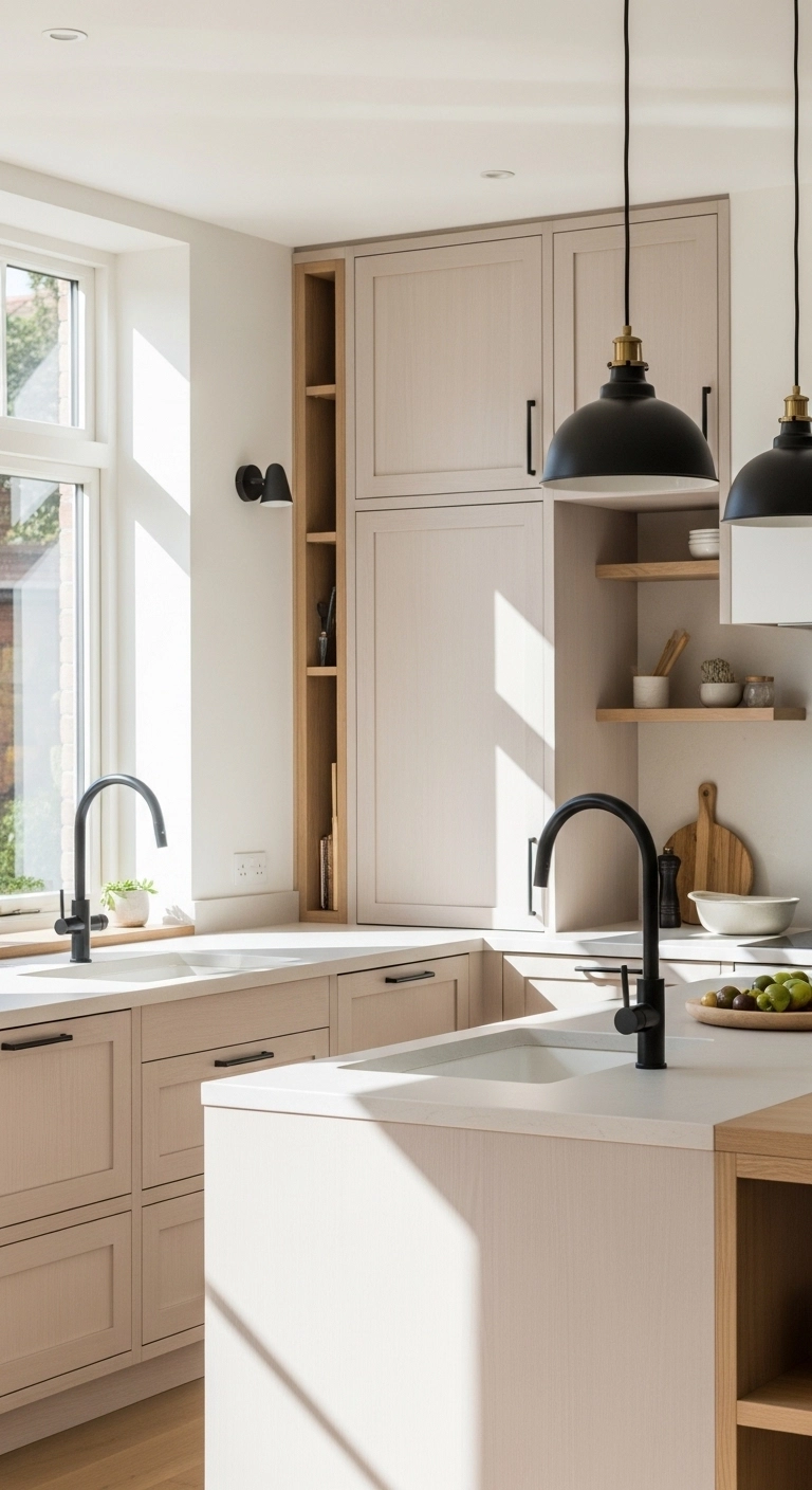 modern kitchen design with black accents and pale cabinetry