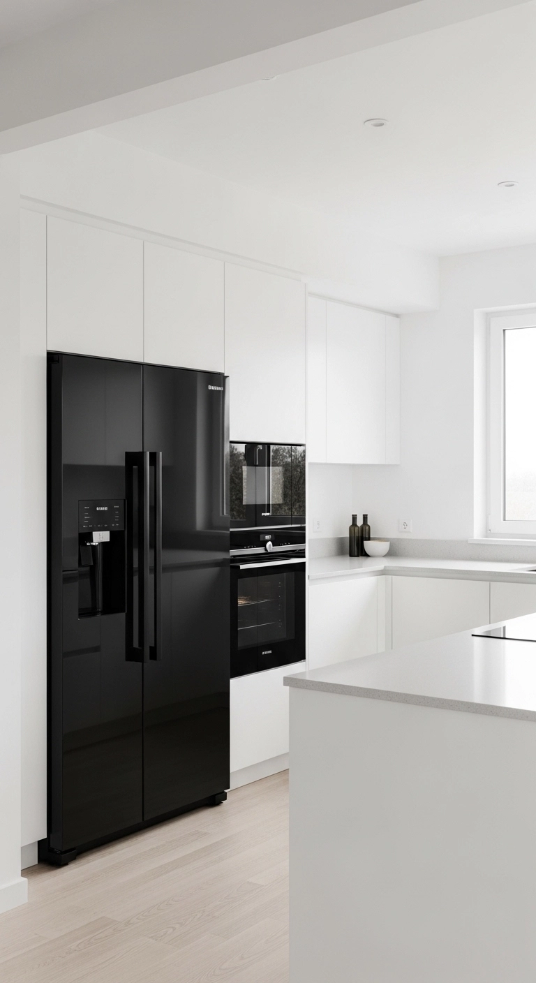 Black appliances in white kitchen walls, black and white kitchen ideas