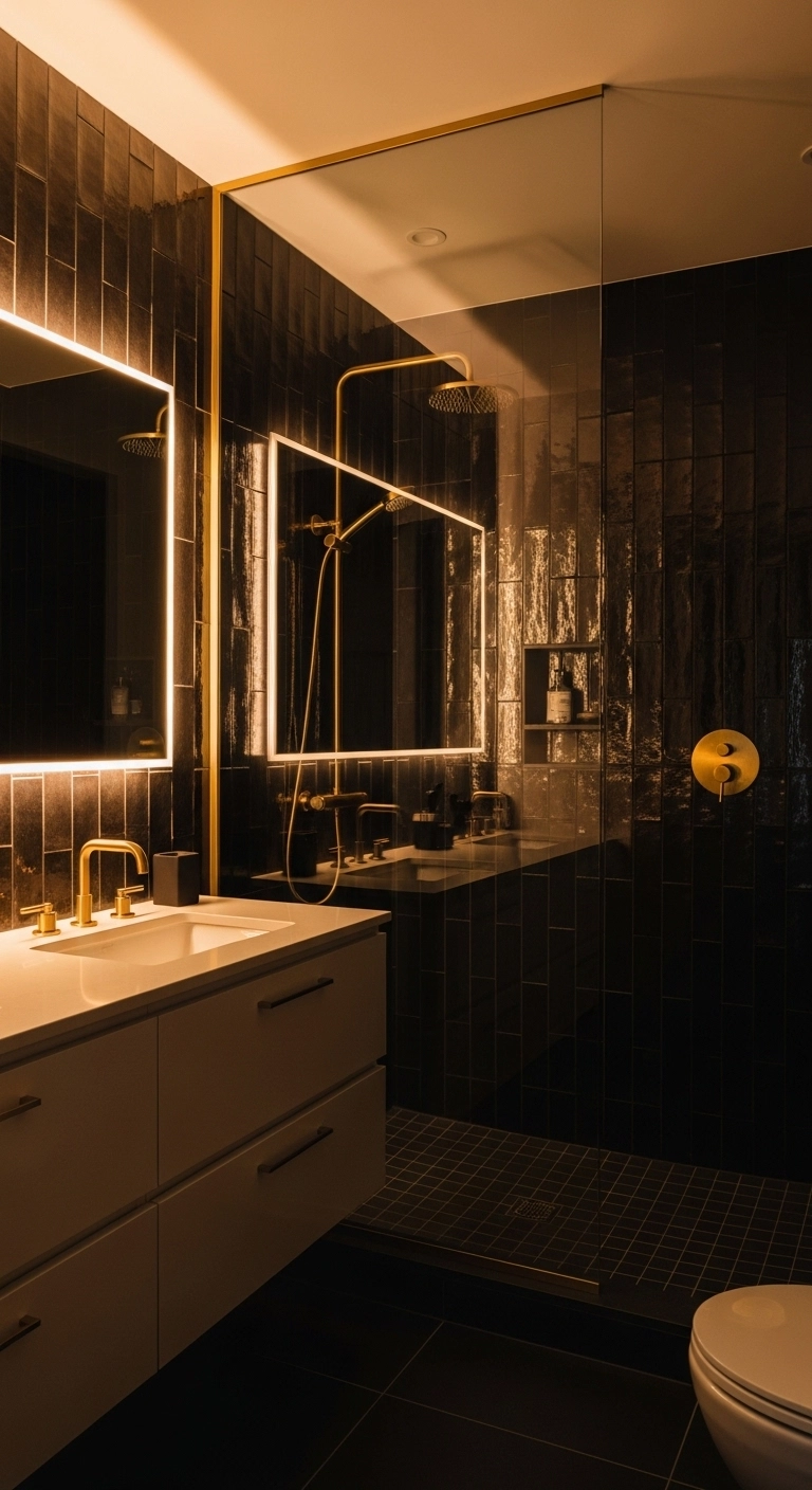 Black bathroom tile design with matte tiles and modern fixtures