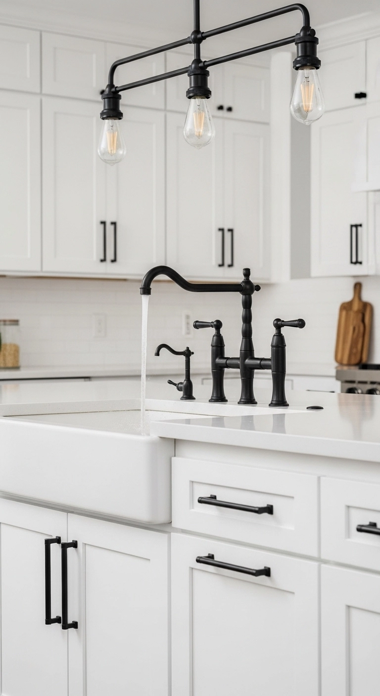 Black kitchen faucets and handles on white cabinets, black and white kitchen ideas