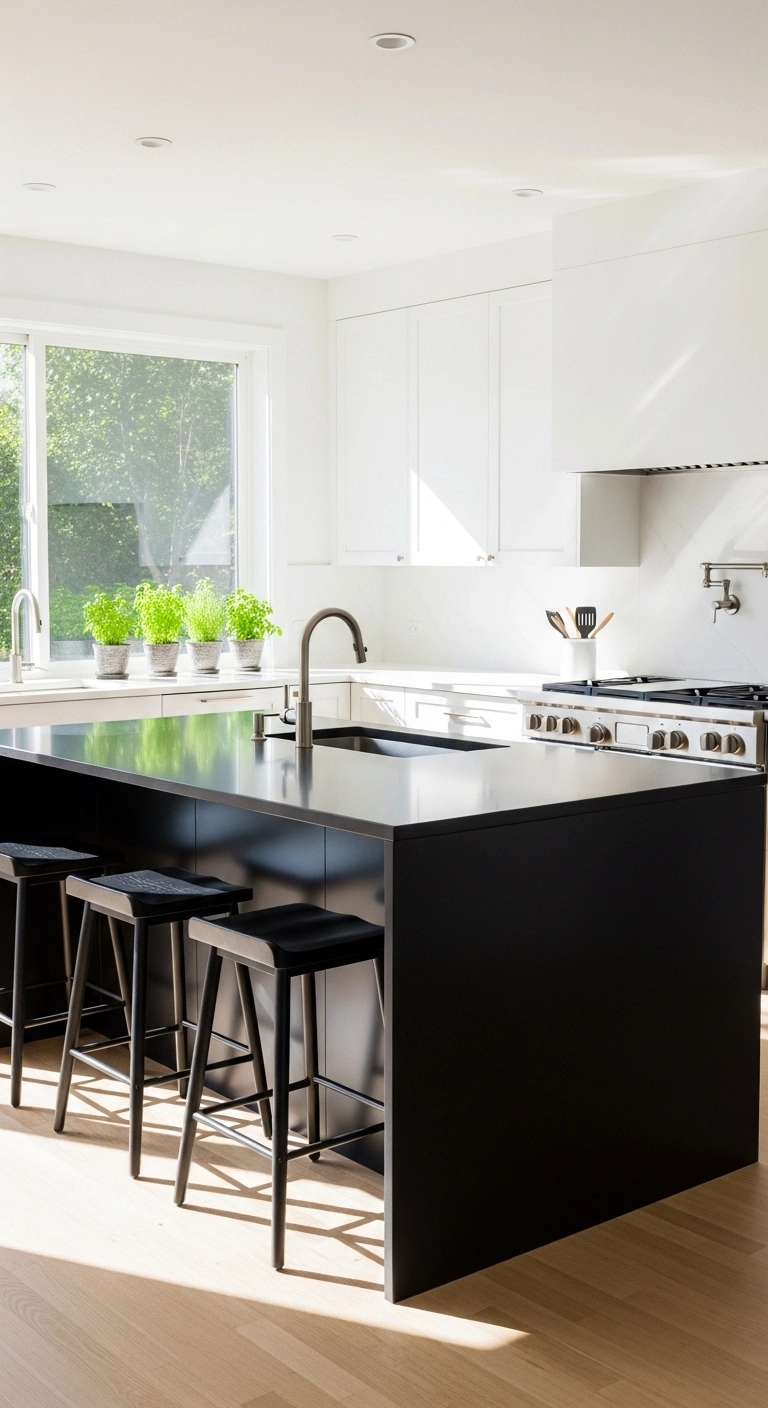 Black kitchen island in white kitchen, black and white kitchen ideas