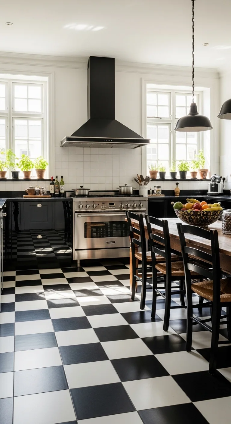 Checkerboard black and white flooring in kitchen, black and white kitchen ideas