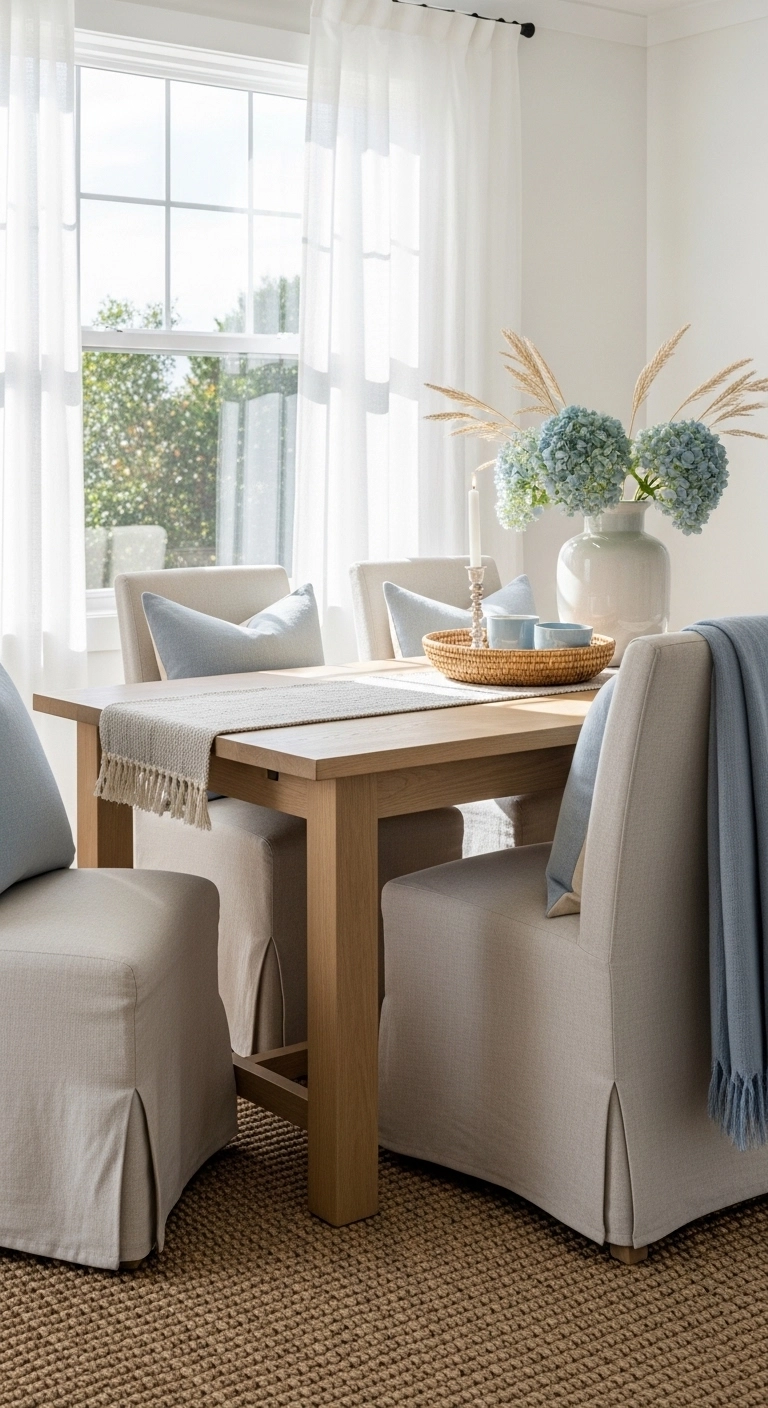 Beach house dining room with light wood table and soft blue coastal accents