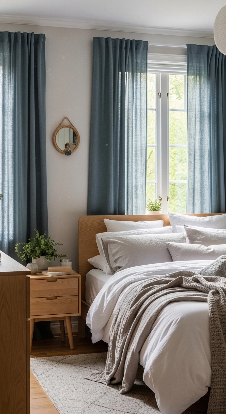 Blue bedroom ideas using blue curtains in a calm airy bedroom