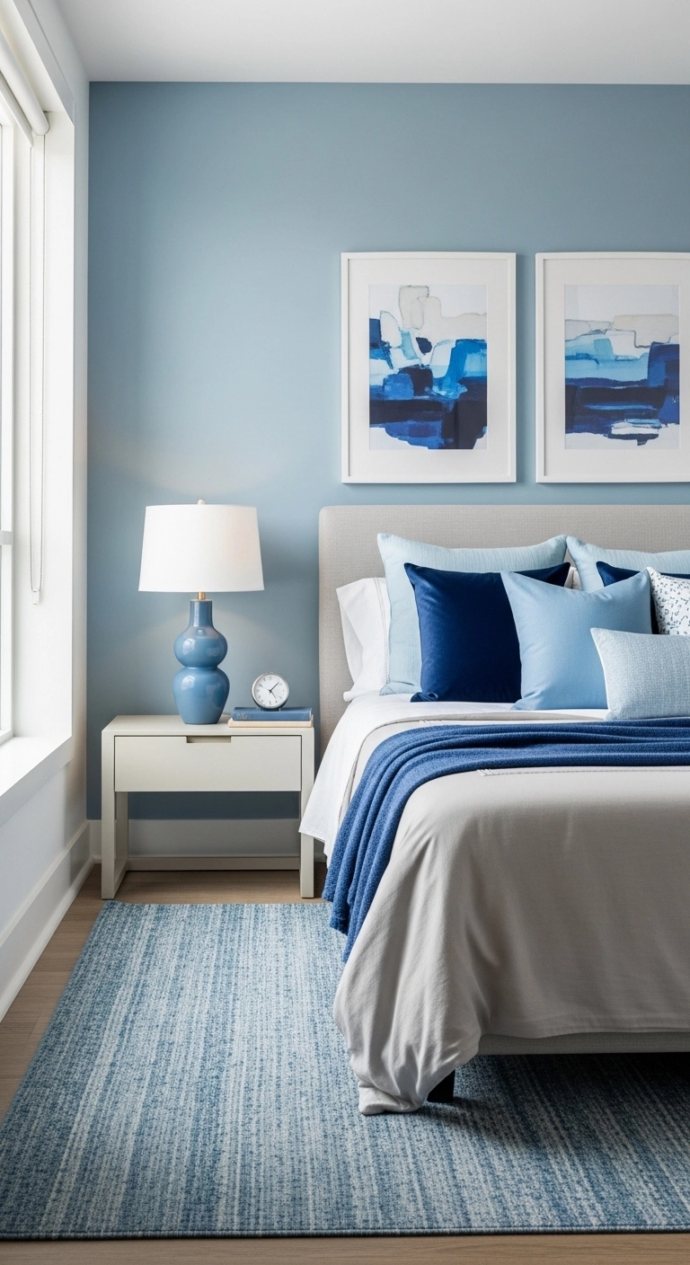 Blue decor accents refresh the bedroom with flexible, renter-friendly style.