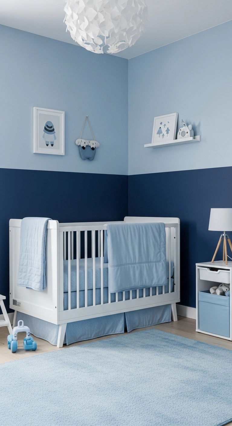 blue monochrome baby nursery ideas for boys with navy walls light blue bedding and white crib