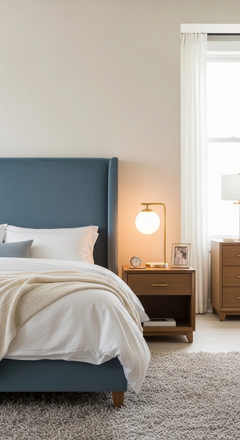 Blue bedroom ideas with a dusty blue velvet headboard and brass accents