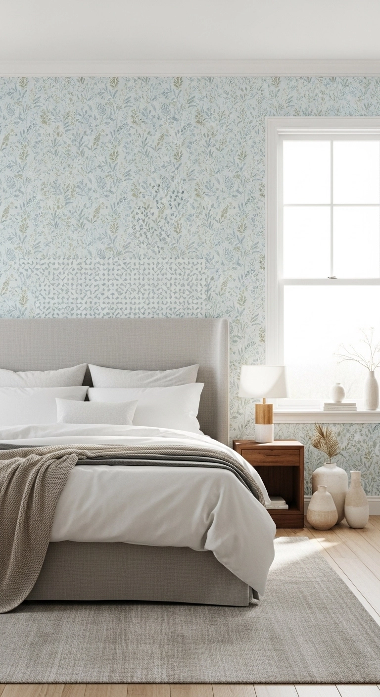 Blue bedroom ideas with subtle blue wallpaper in a serene bedroom
