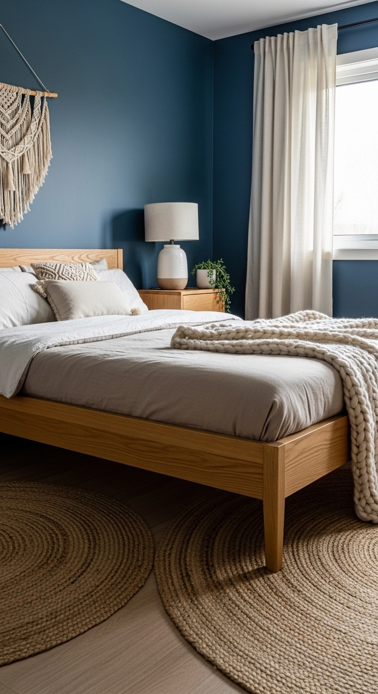 Blue bedroom ideas pairing blue walls with natural wood furniture