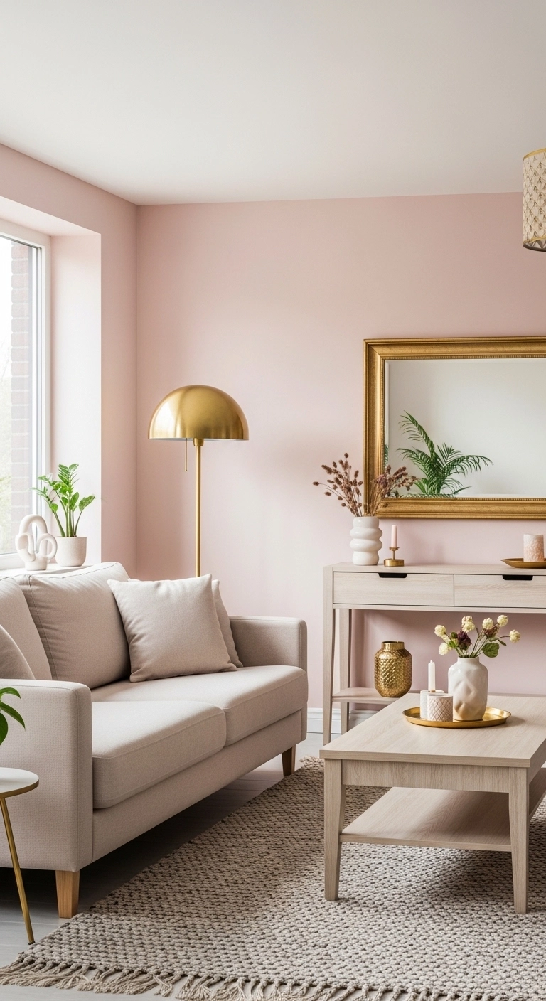 pink living room ideas with blush walls and neutral furniture