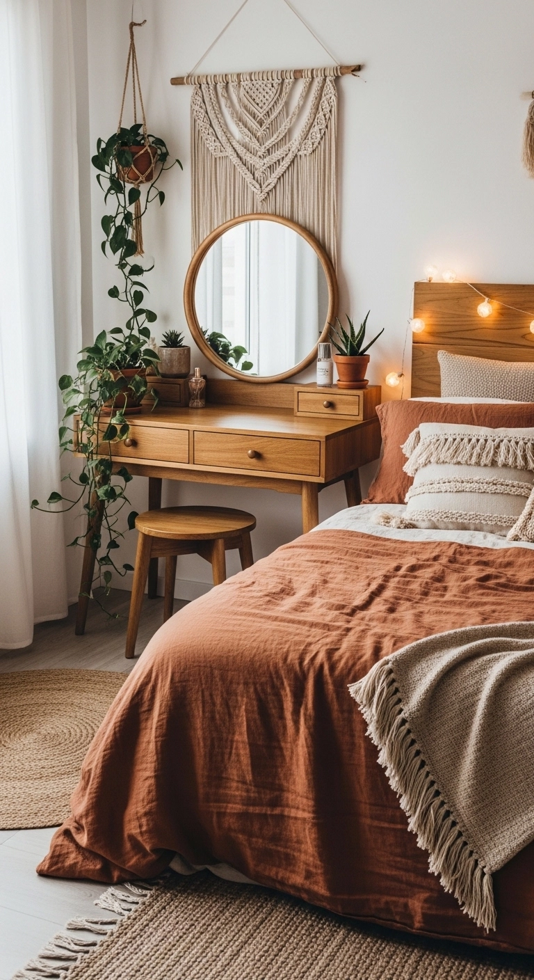 Boho bedroom vanity ideas with natural textures and cozy décor setup