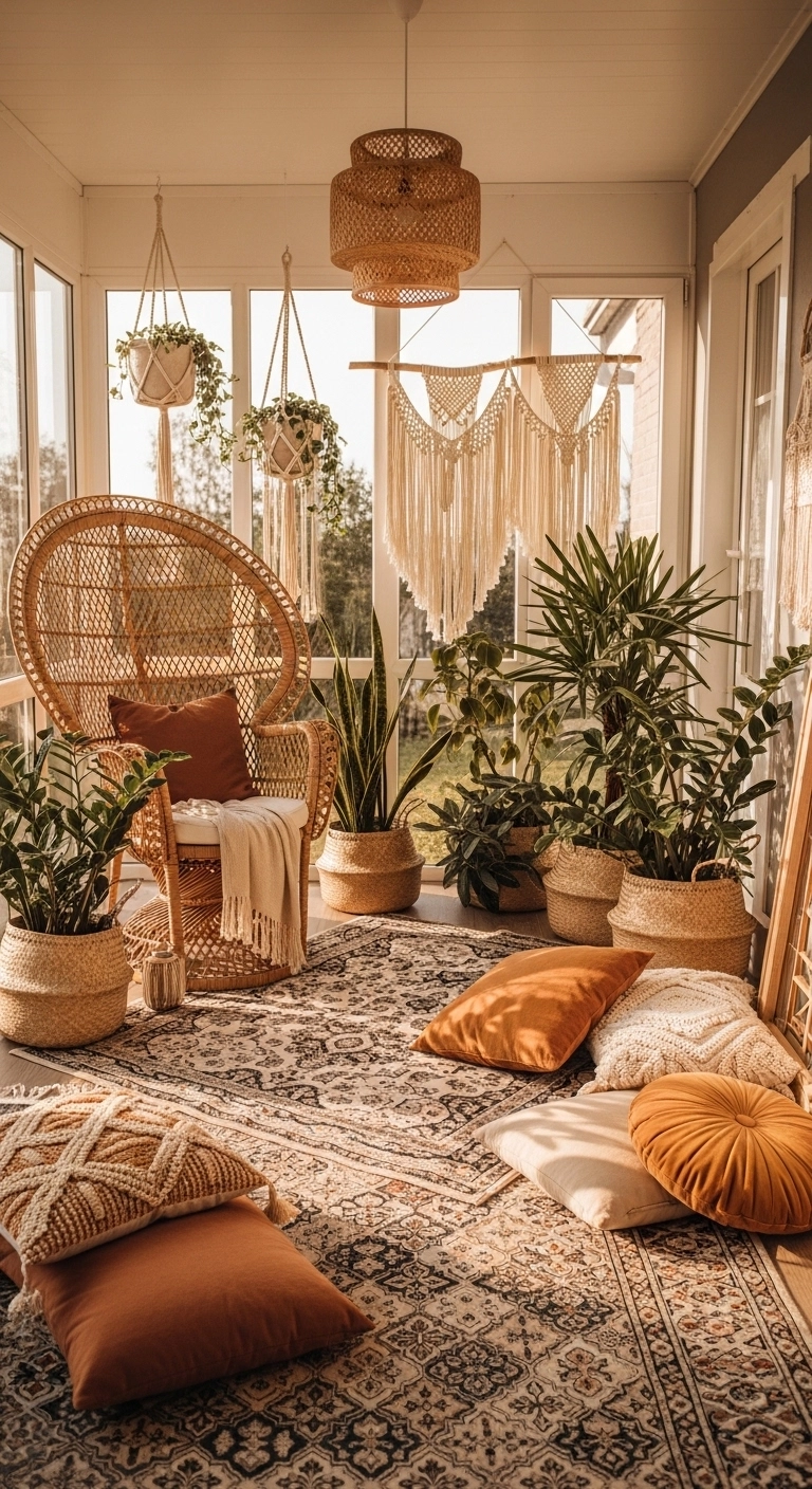 Boho sun room ideas with rattan furniture, plants, and layered textiles