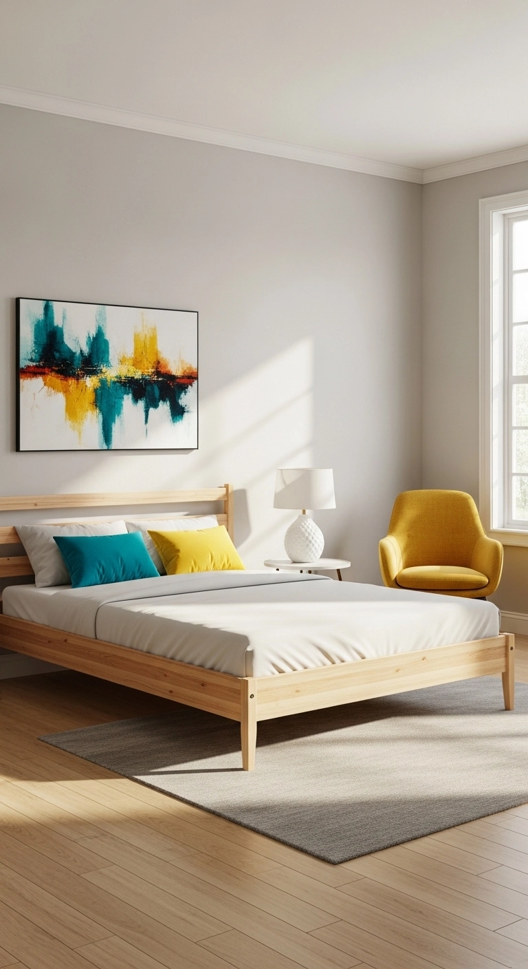 Bedroom interior with neutral base and bold color accents for modern décor.