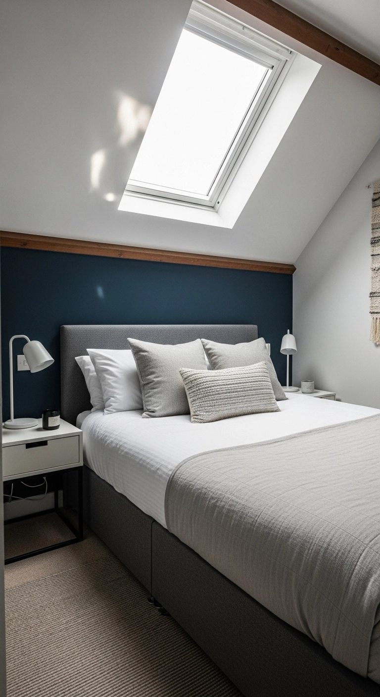 Attic bedroom with bold navy accent wall, neutral bedding, angled ceilings, and skylight natural light
