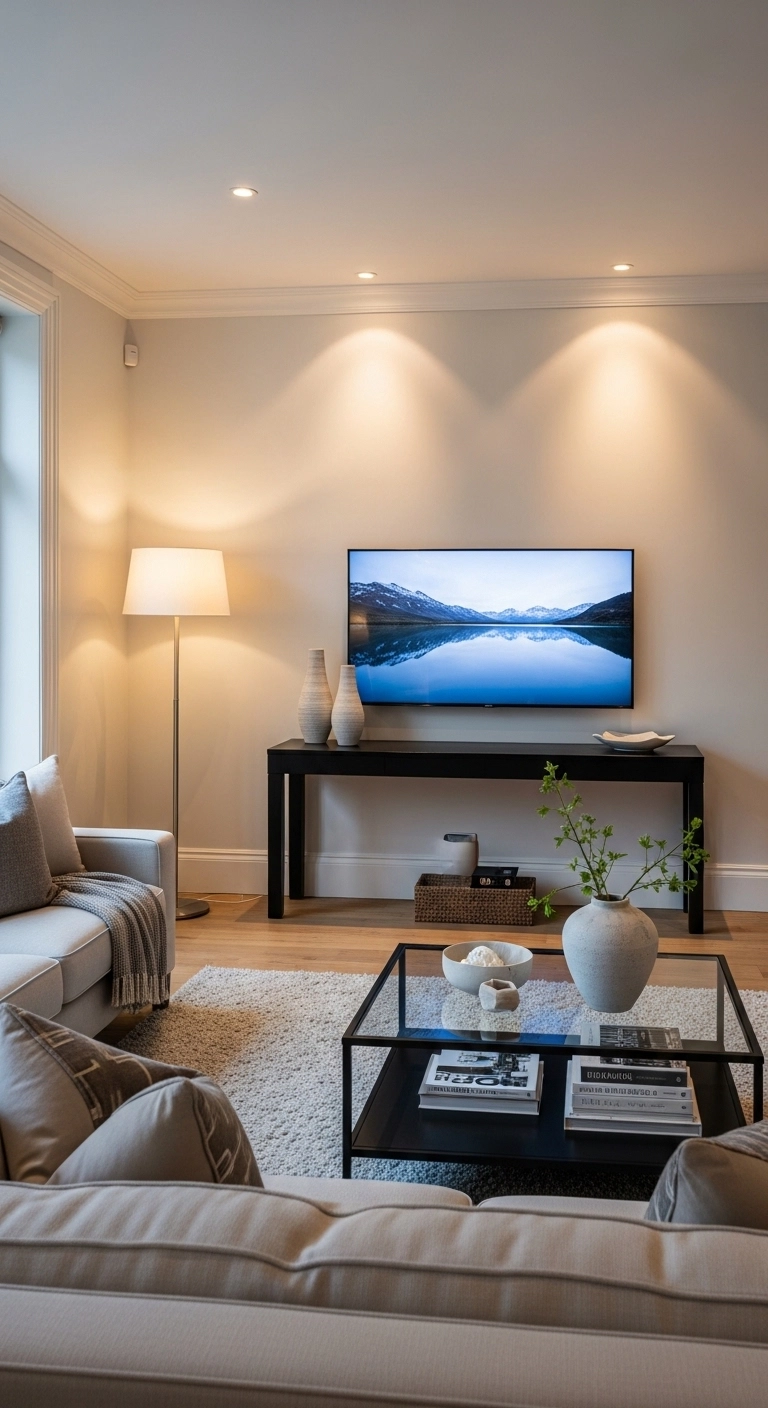 TV Table Ideas with a sleek black TV table in a bold modern space