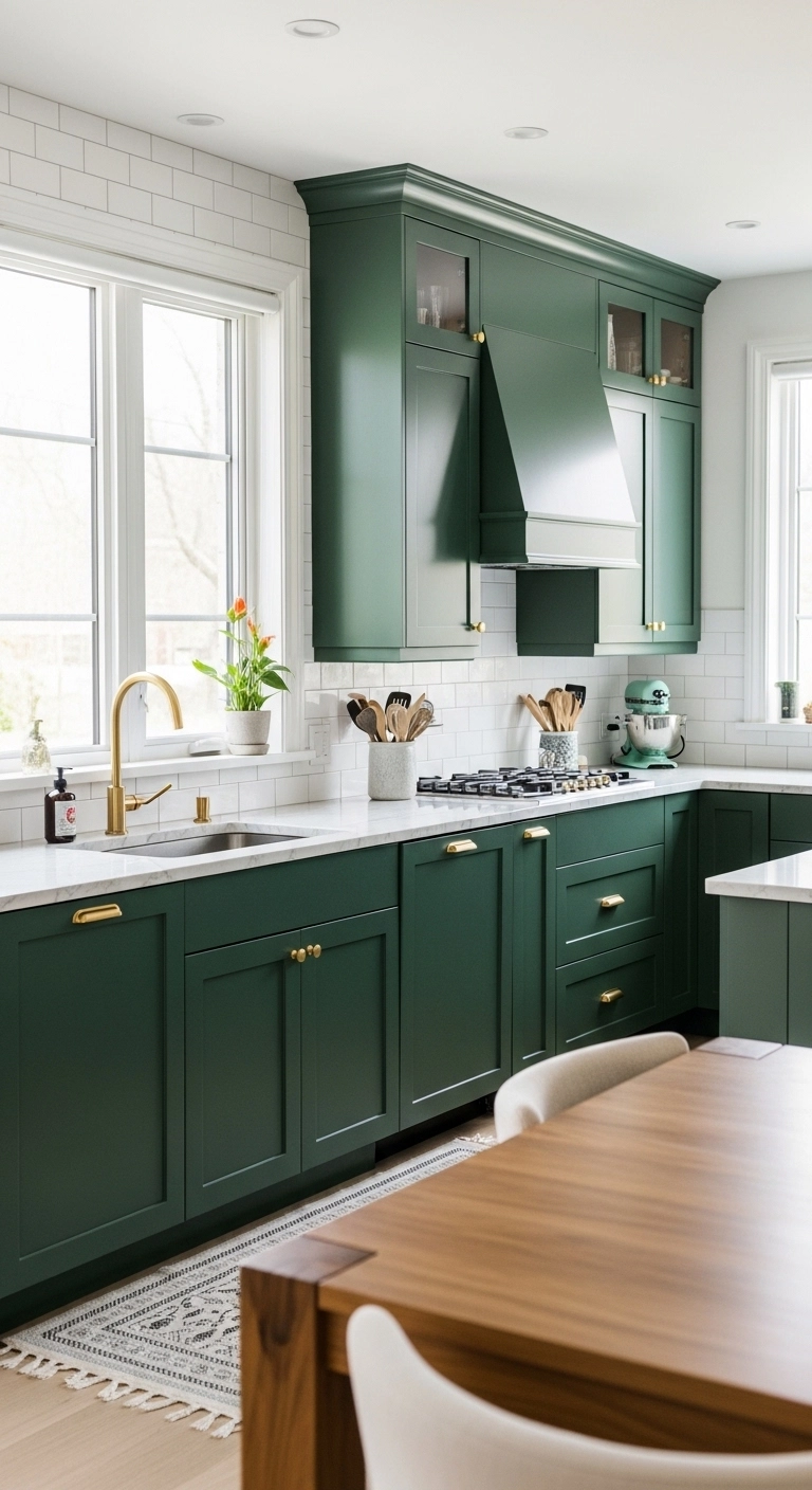 Modern kitchen with bold colored kitchen cabinets ideas featuring forest green cabinets and gold hardware.