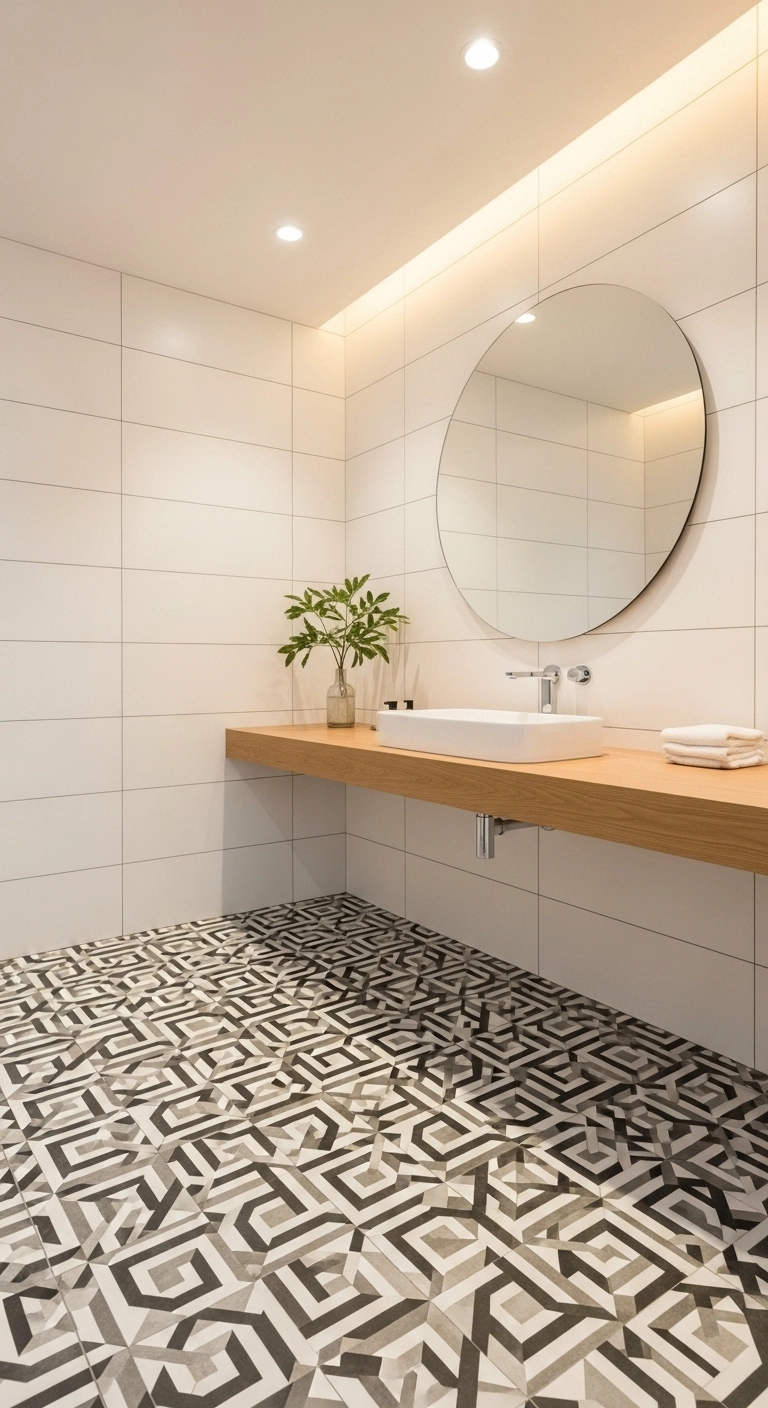 Bold patterned bathroom tile design with geometric floor tiles