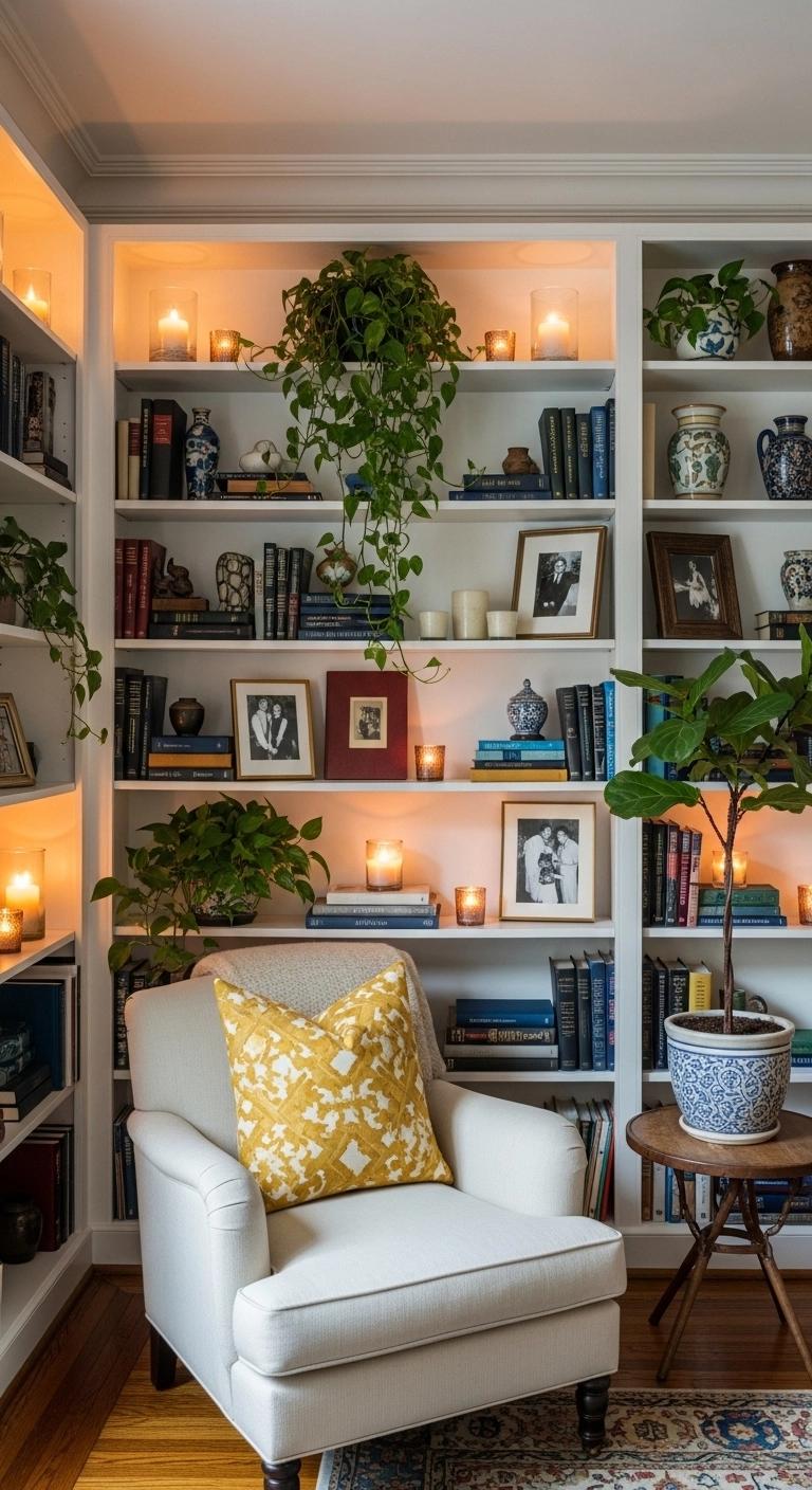 Cozy living room design with built-in bookshelves filled with books and decor.