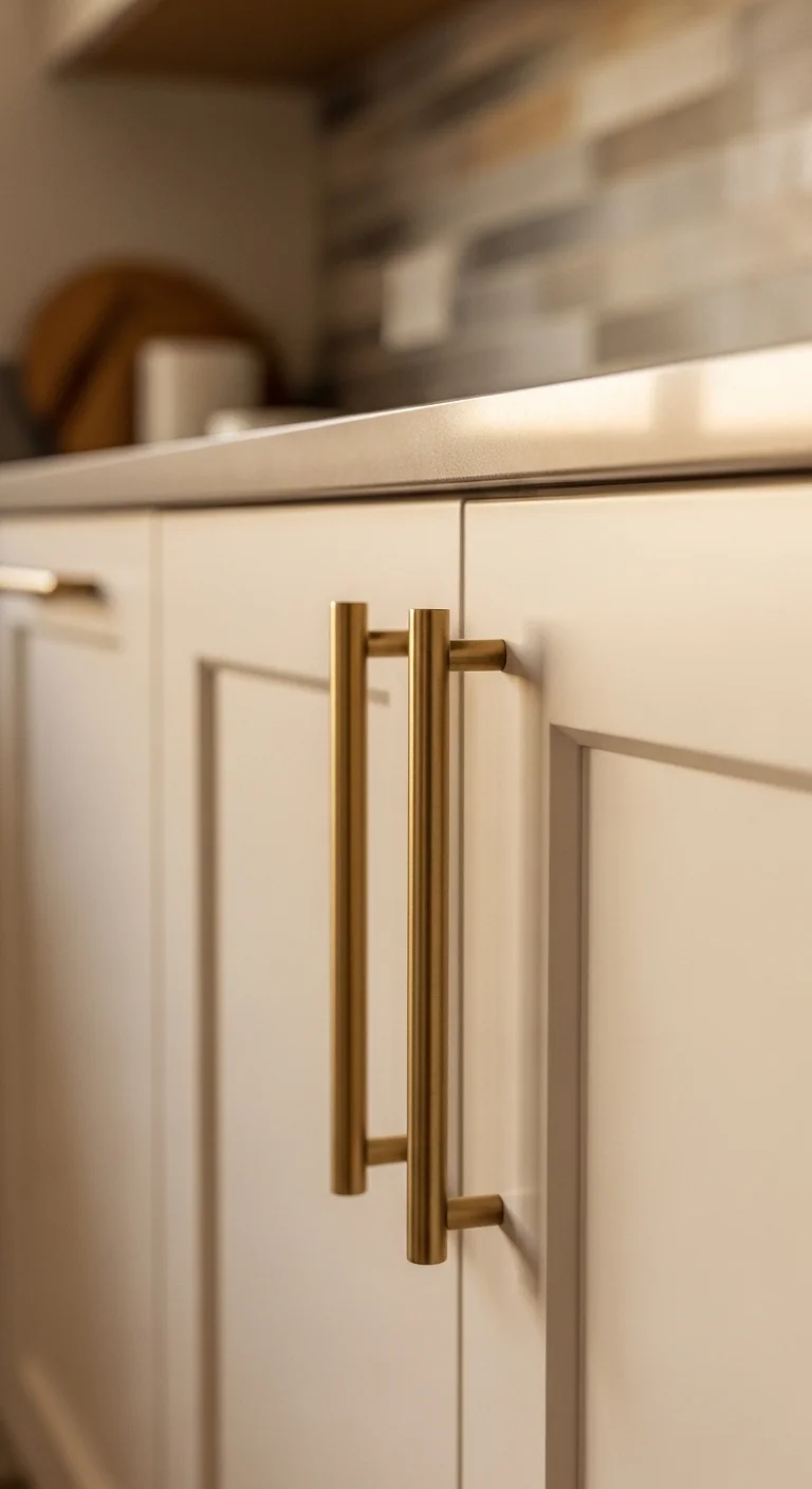 Close-up of brushed brass cabinet handles on cream kitchen cabinets highlighting warm neutral kitchen ideas with elegant hardware accents.
