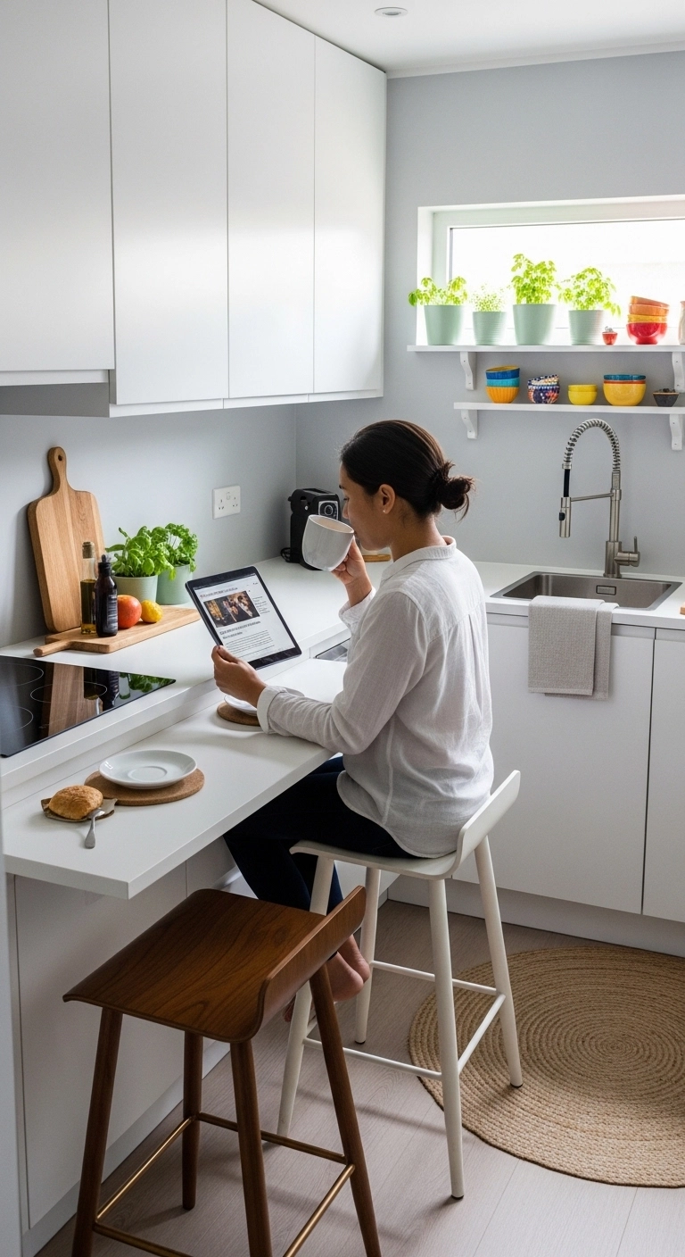 Tiny kitchen ideas with a small breakfast bar and stools.