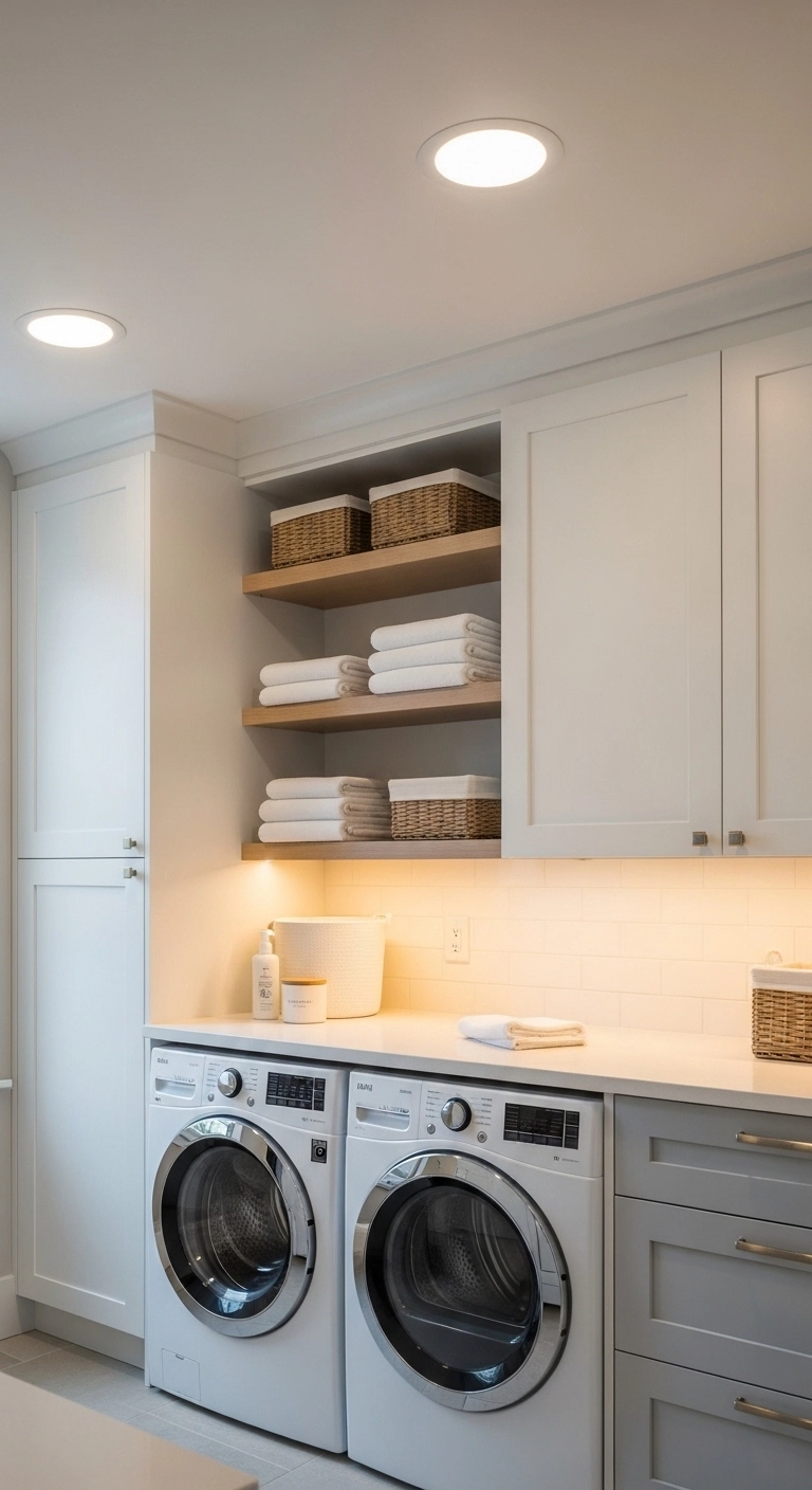 Laundry room ideas with upgraded layered lighting, washer and dryer, and sleek cabinetry for a modern look