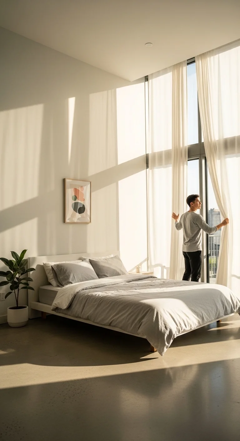 Bright minimalist bedroom with large windows and natural sunlight.