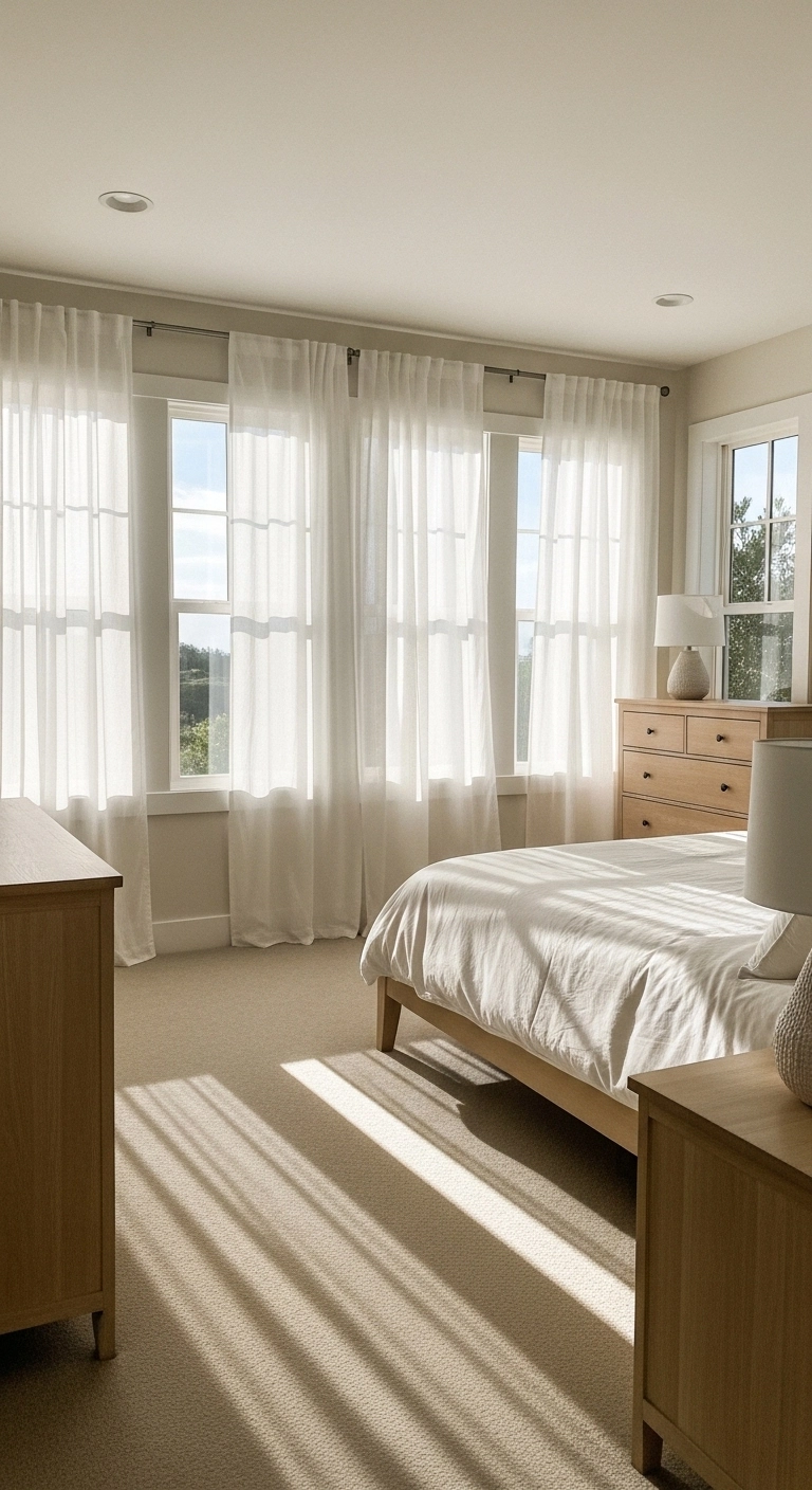 Beach bedroom ideas with natural sunlight, sheer curtains, and a bright airy coastal interior