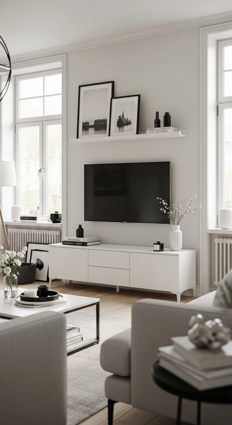 TV Table Ideas showing a white TV stand in a bright airy living room