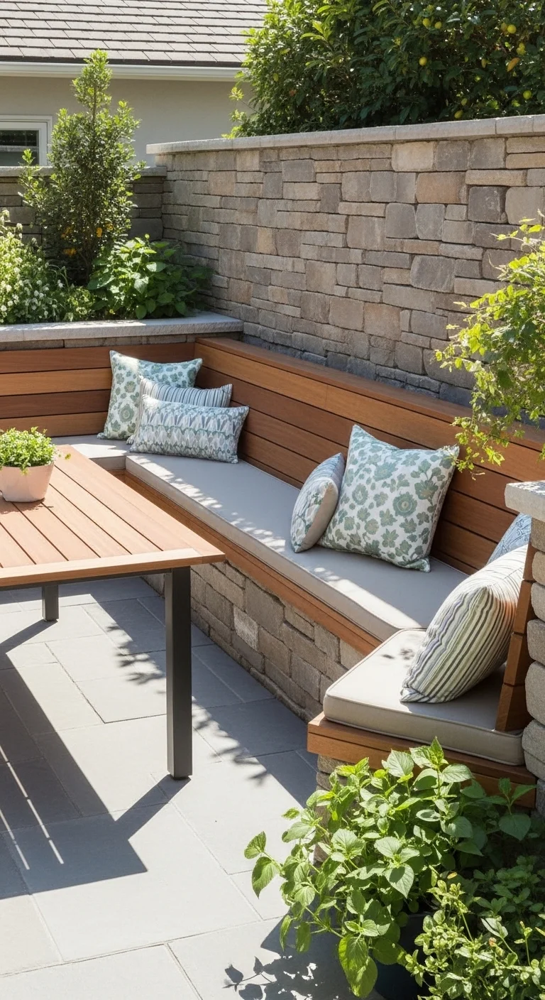 Built in patio benches providing space saving seating in modern outdoor patio ideas.