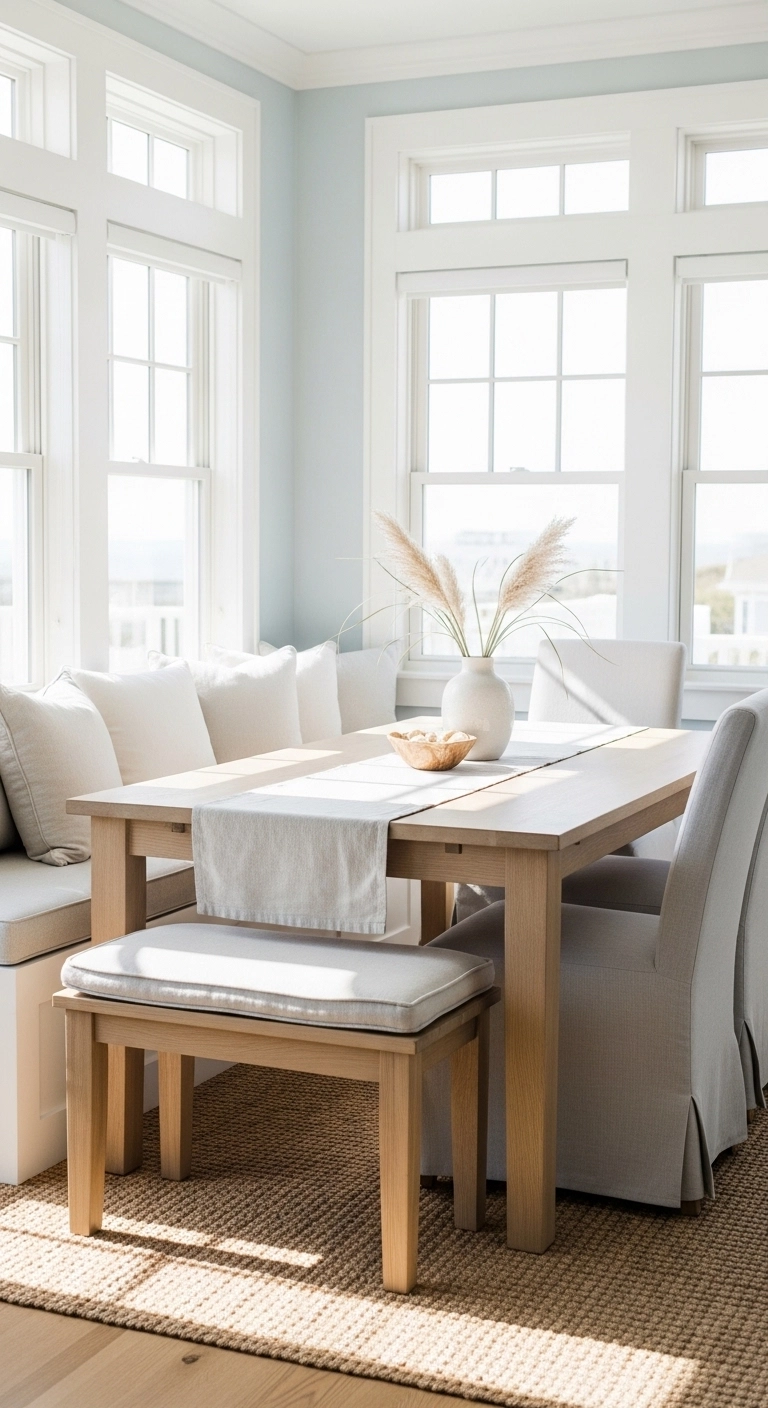 Beach house dining room with built-in bench seating, light wood table, and coastal décor