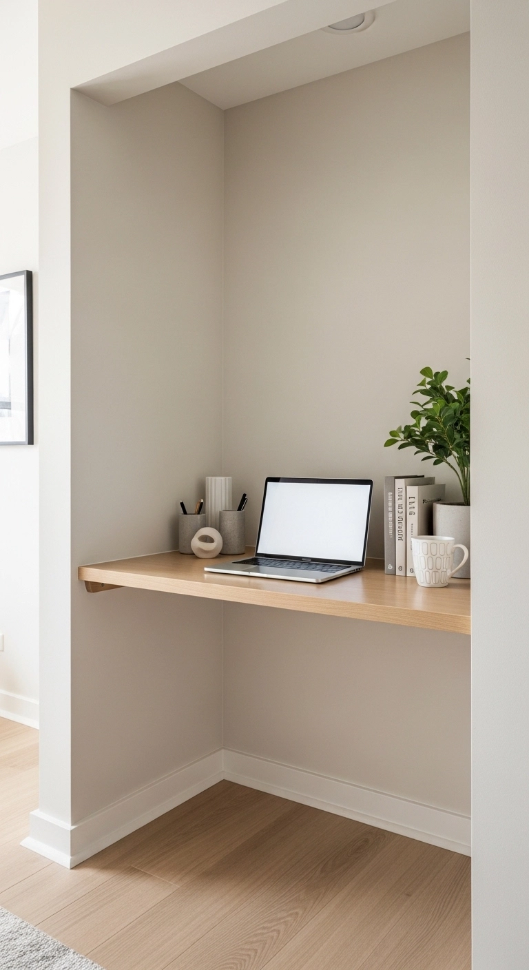 Built-in desk nook in a small apartment with laptop, books, and natural lighting