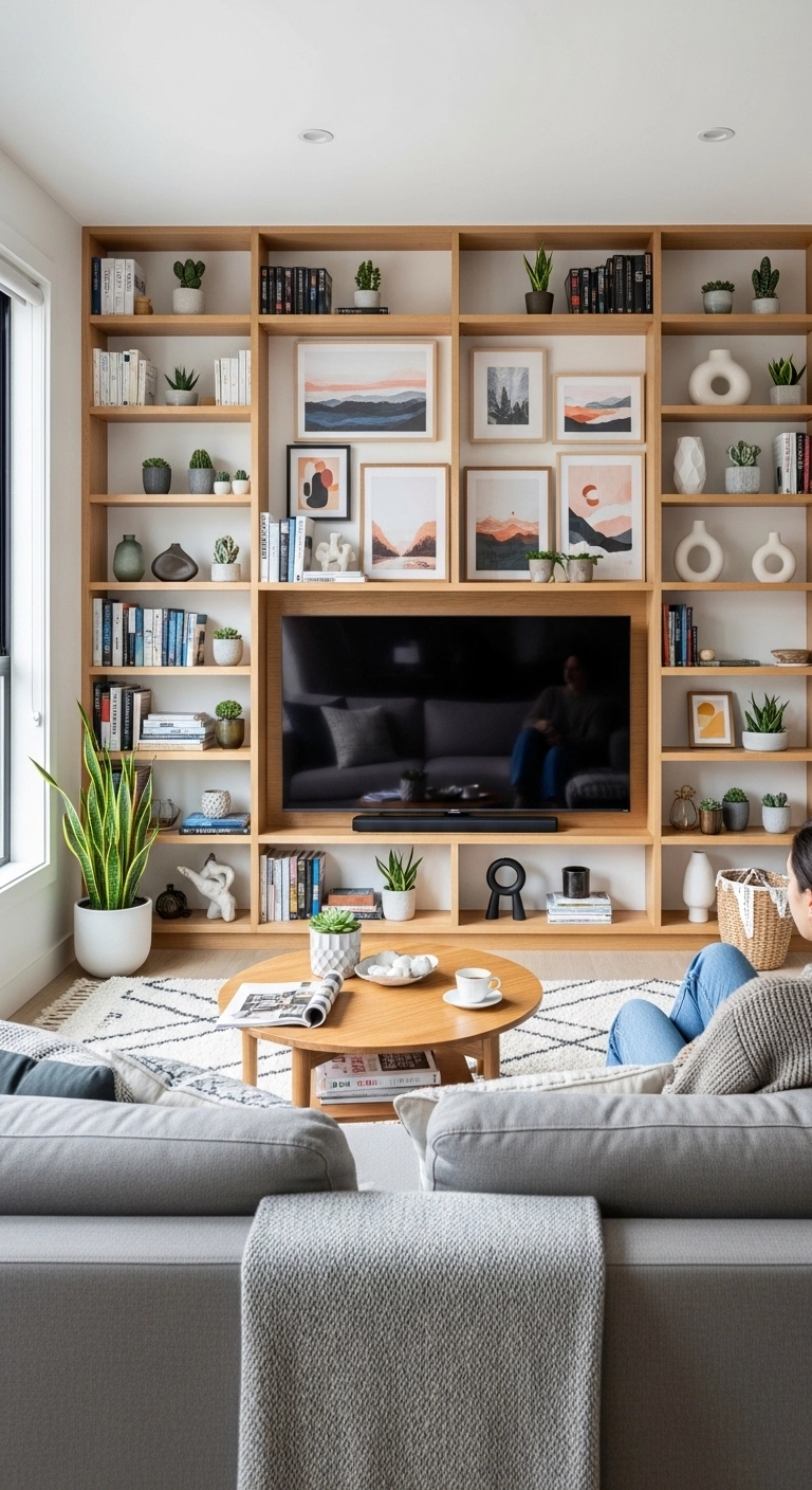 Interior design living room with built-in shelving around TV displaying books and decor.