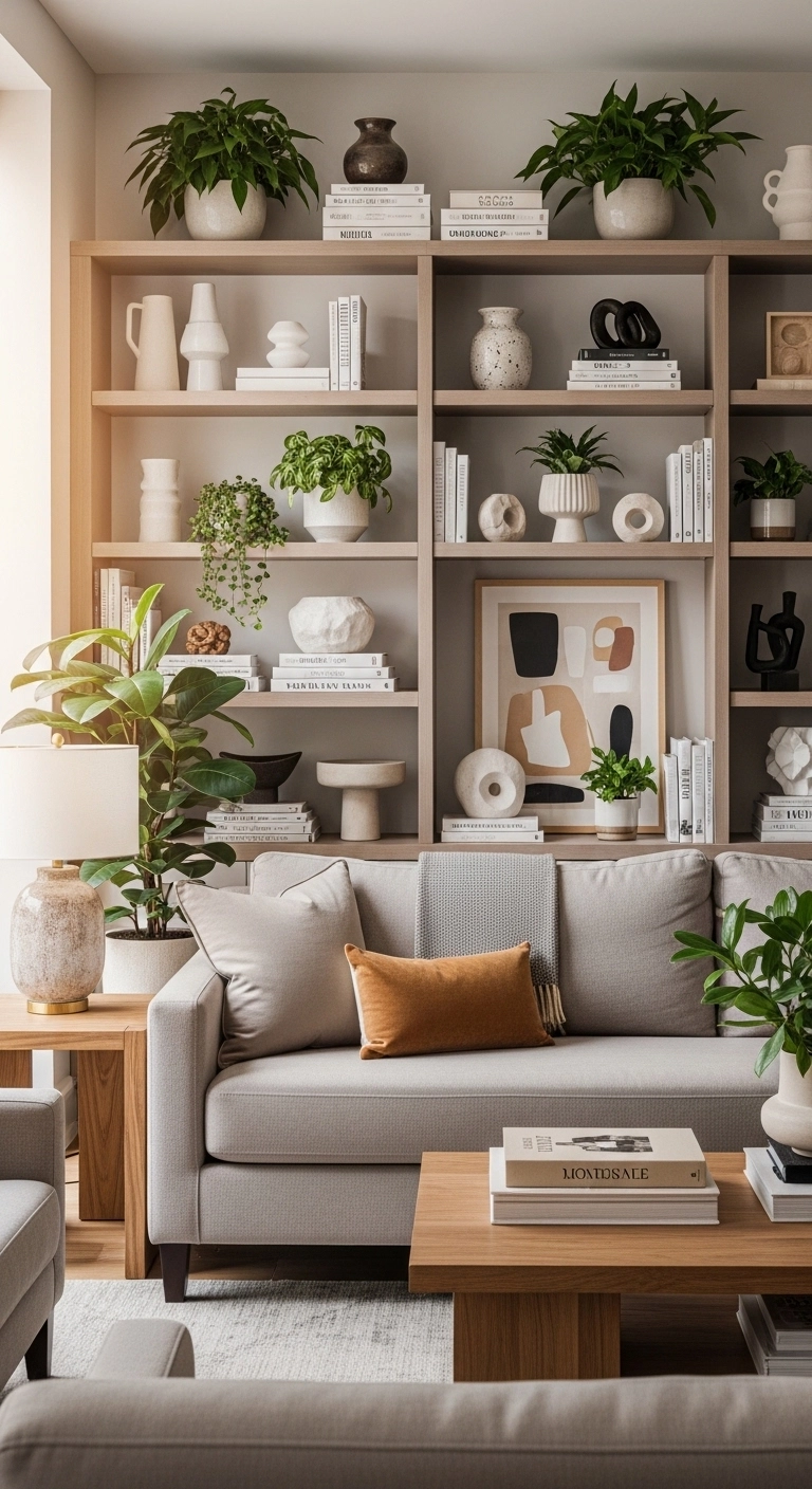Aesthetic living room with built-in shelving wall and neutral decor.
