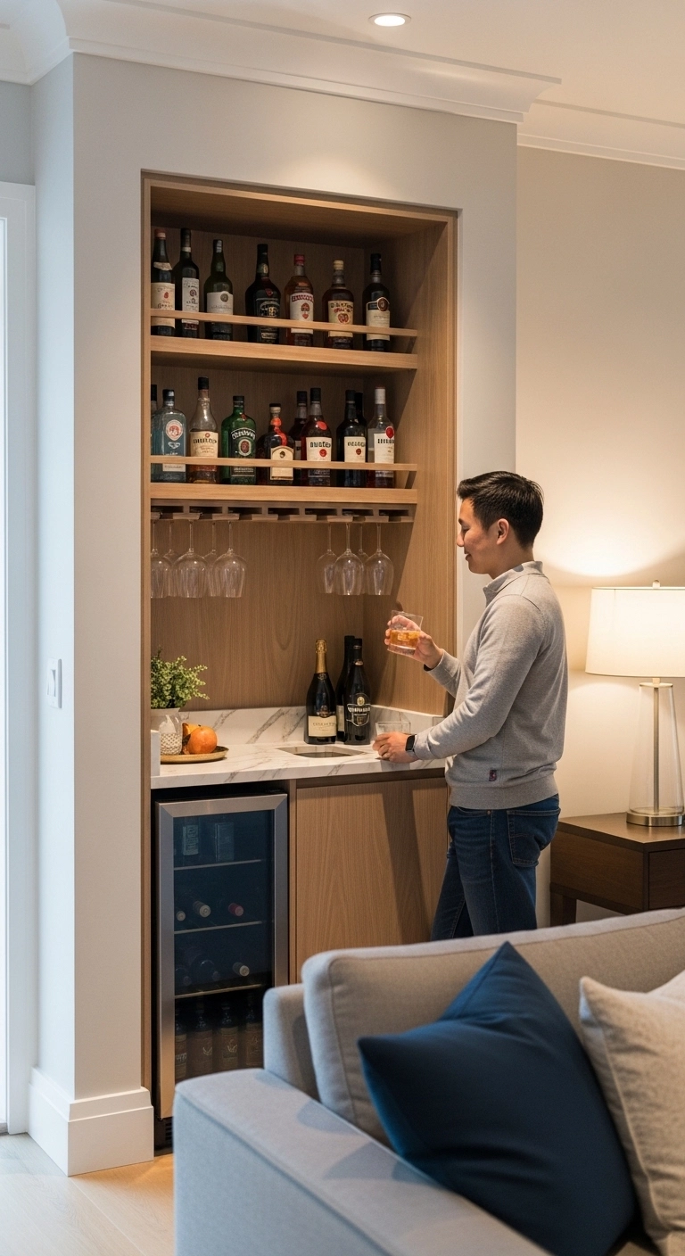 Modern built-in wall mini bar with shelves and glass storage showcasing stylish mini bar ideas.