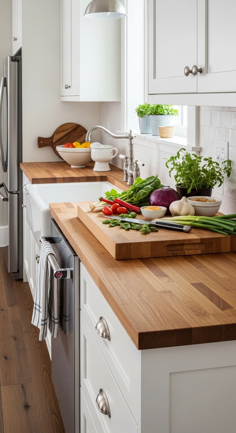 Natural butcher block countertops in a farmhouse kitchen with white cabinets highlighting warm farmhouse kitchen ideas.