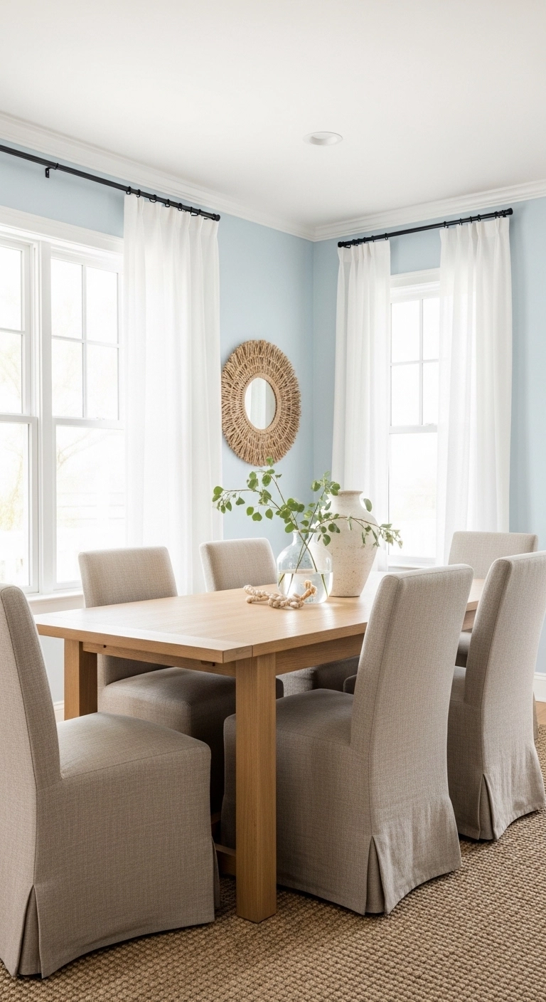 Beach house dining room with calming coastal color palette and light wood furniture.